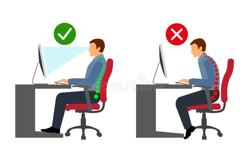 Ergonomi på korrekt sittande ställing för arbetsplatsman vektor illustrationer Ergonomi på korrekt sittande ställing för arbetsplatsman vektor illustrationer