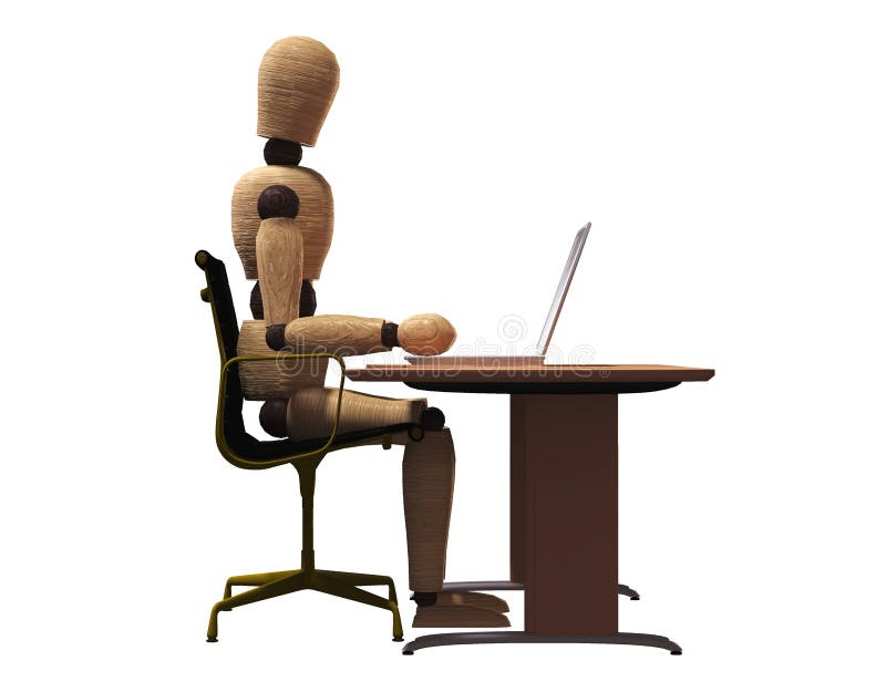 Illustration on how to sit well when working with computers in order to avoid diverse health problems. Laptop side angle illustrations
