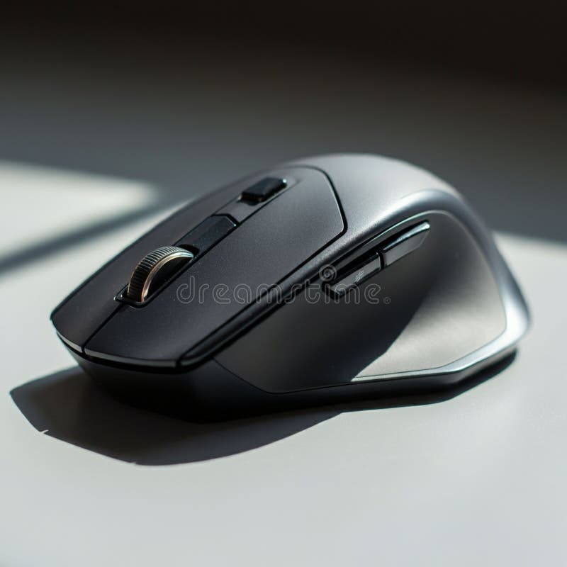 Ergonomic wireless computer mouse with a sleek, matte black design. Features royalty free illustration