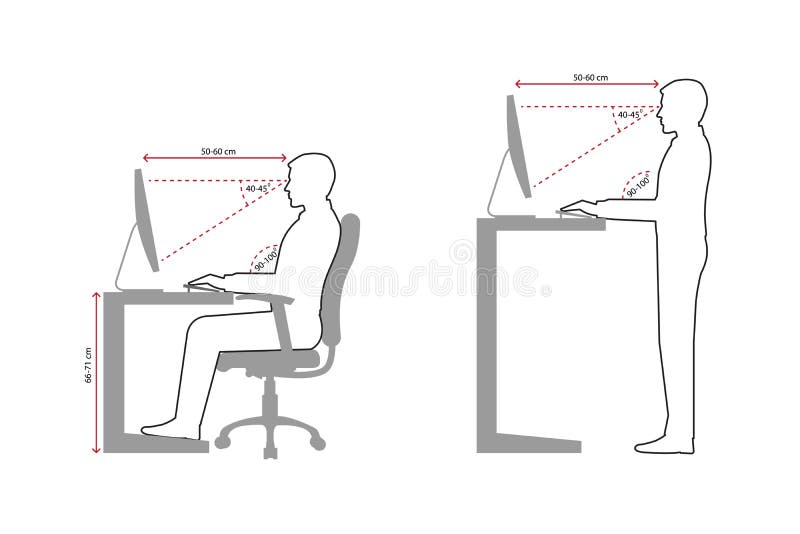 Ergonomics line drawing of a man correct sitting and standing posture when ...