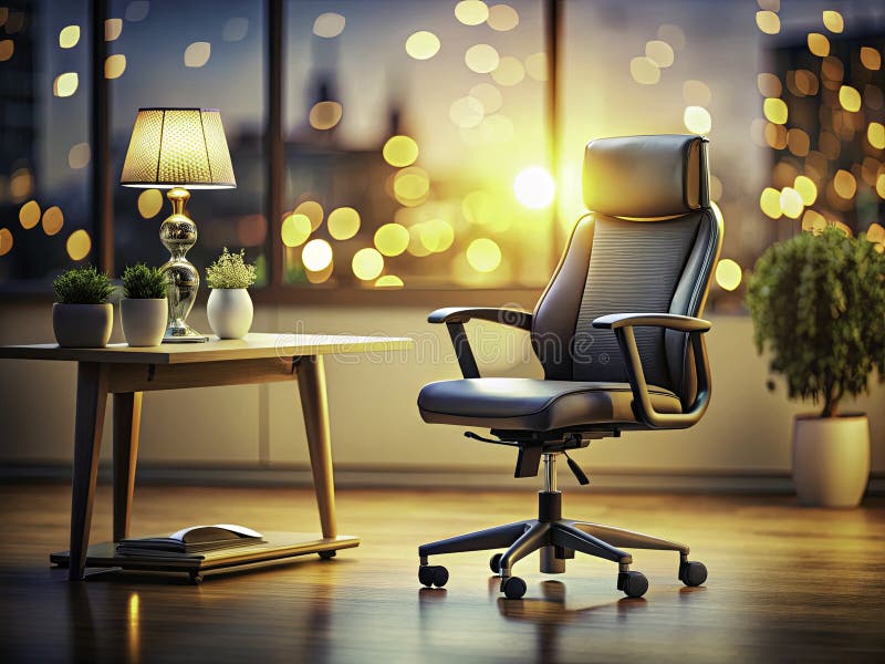 Ergonomiczne krzesło biurowe w stylowym nowoczesnym obszarze roboczym A TiltShift Photography Masterpiece Featuring Warm ilustracja wektor