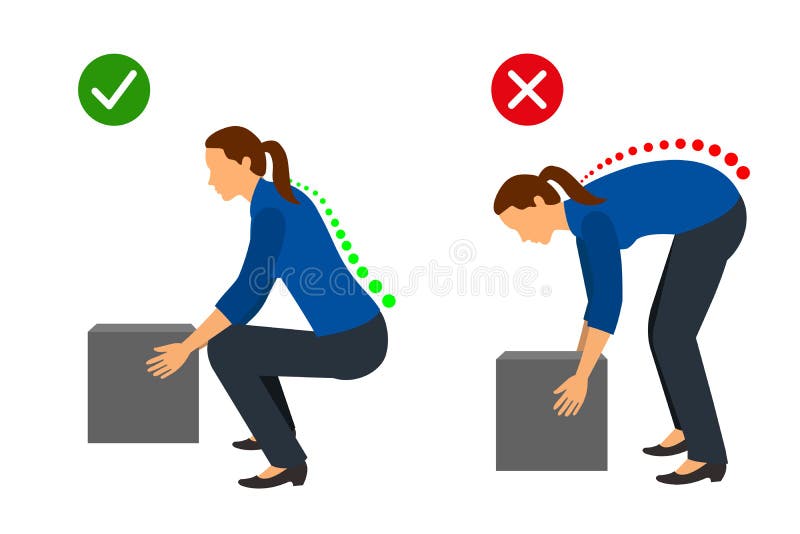 Ergonomie - correcte houding van een vrouw om een zwaar voorwerp op te heffen stock illustratie Ergonomie - correcte houding van een vrouw om een zwaar voorwerp op te heffen stock illustratie