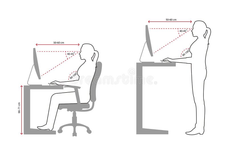 Ergonomielijntekening van een vrouw correcte zitting en statushouding wanneer het gebruiken van een computer vector illustratie Ergonomielijntekening van een vrouw correcte zitting en statushouding wanneer het gebruiken van een computer vector illustratie