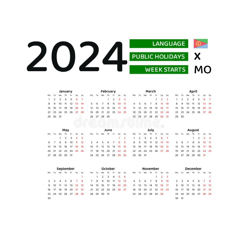 Eritrea Calendar 2024. Week Starts from Monday. Vector Graphic Design