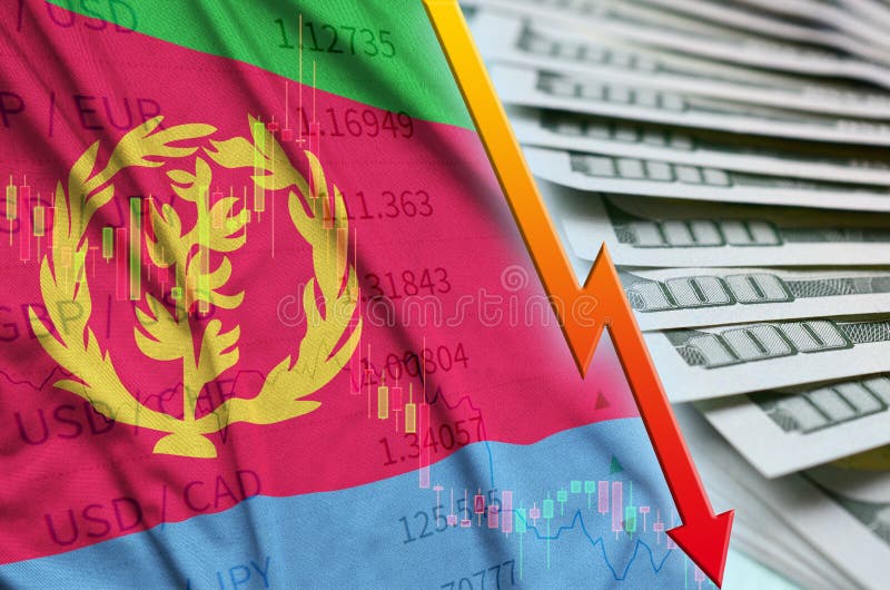 Eritrea flag and chart falling US dollar position with a fan of dollar bills royalty free illustration