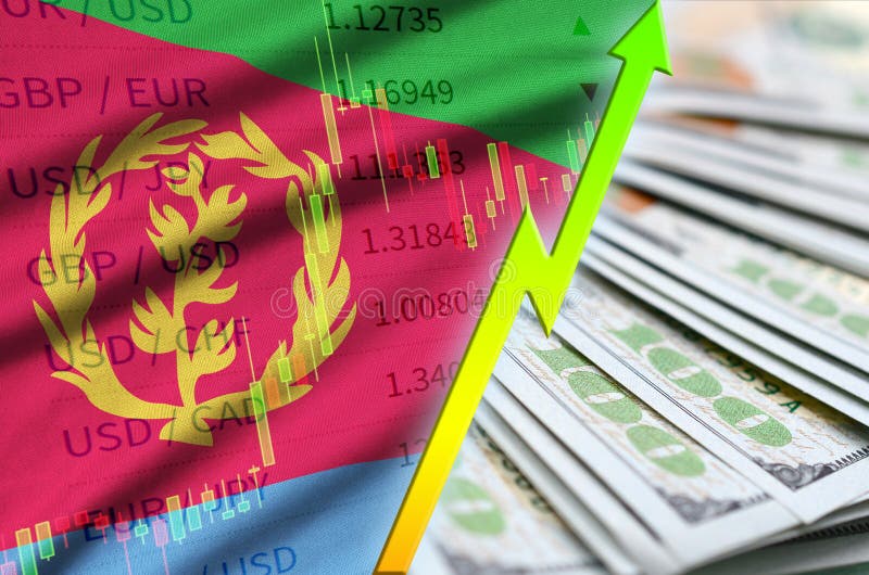 Eritrea flag and chart growing US dollar position with a fan of dollar bills royalty free illustration