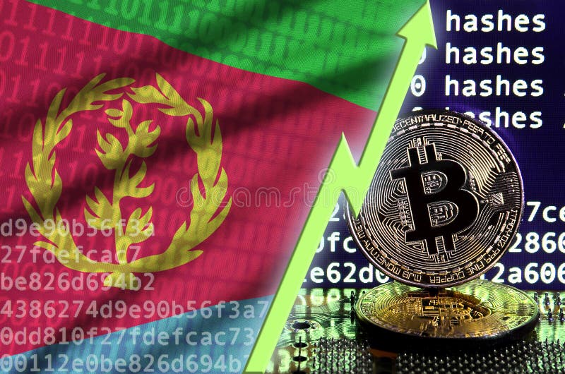 Eritrea flag and rising green arrow on bitcoin mining screen and two physical golden bitcoins stock photos