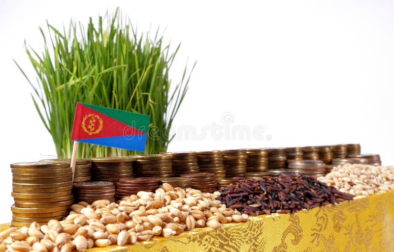 Eritrea flag waving with stack of money coins and piles of wheat royalty free stock photo