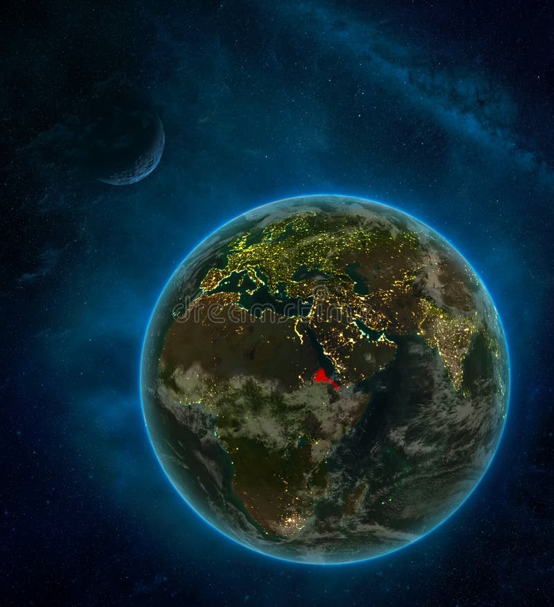 Eritrea van ruimte op Aarde bij nacht door ruimte met Maan en Melkweg wordt omringd die Gedetailleerde planeet met stadslichten e royalty-vrije stock foto's Eritrea van ruimte op Aarde bij nacht door ruimte met Maan en Melkweg wordt omringd die Gedetailleerde planeet met stadslichten e royalty-vrije stock foto's