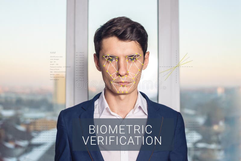 Erkännande av den manliga framsidan Biometric verifikation och ID fotografering för bildbyråer