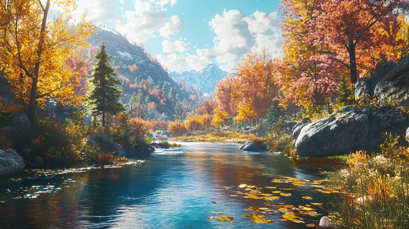 Erleben Sie die Ruhe eines ruhigen Flusses, der durch ein pulsierendes Herbsttal inmitten majestätischer Berge fließt stock abbildung