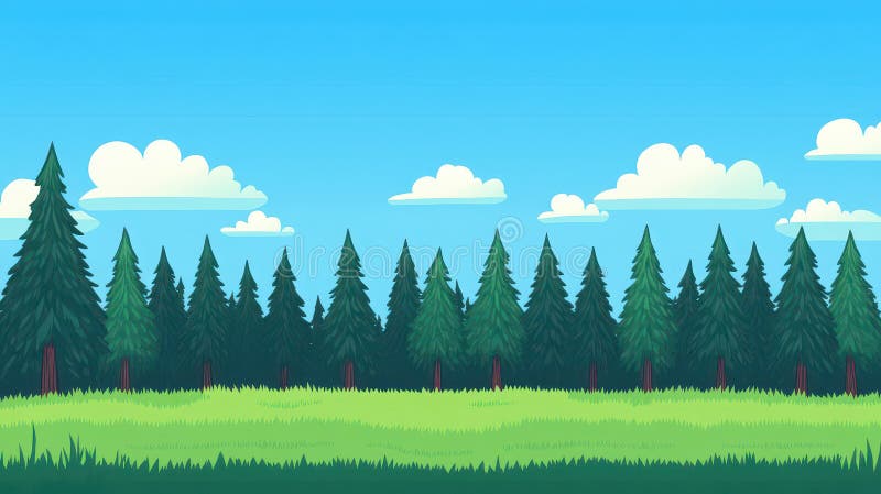 Erleben Sie eine lebhafte, pixelförmige Waldszene mit üppigen Gras-majestätischen Tannenbäumen und flauschigen Wolken im kartoonis stock abbildung