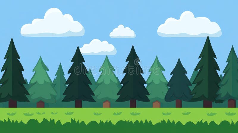 Erleben Sie eine lebhafte, pixelförmige Waldszene mit üppigen Gras-majestätischen Tannenbäumen und flauschigen Wolken im kartoonis stock abbildung