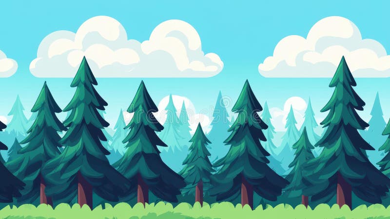 Erleben Sie eine lebhafte, pixelförmige Waldszene mit üppigen Gras-majestätischen Tannenbäumen und flauschigen Wolken im kartoonis vektor abbildung