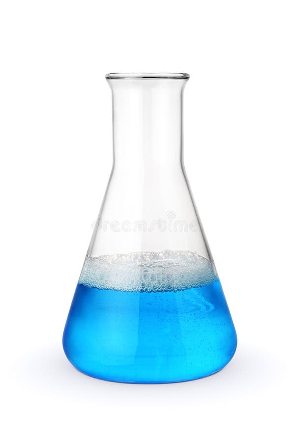 Erlenmeyer chemical flask with blue detergent isolated stock image