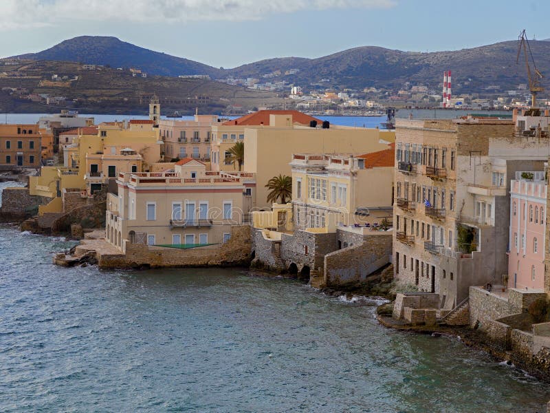 Ermoupolis- Vaporia Vista sul mare Immagine di riserva fotografie stock
