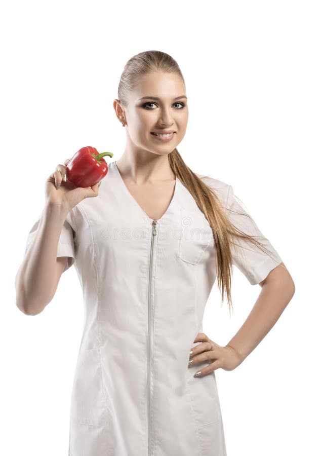 Ernährungswissenschaftler in weiße Uniform lokalisiertem Schuss stockfoto Ernährungswissenschaftler in weiße Uniform lokalisiertem Schuss stockfoto