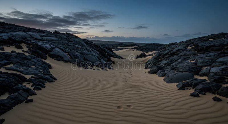 Eroded Basalt Formations on Javas Stary Lava Flow Fields. Starożytne pola lawowe w pobliżu Góry Semeru ujawniają rzeźbione formy bazaltu kształtowane przez wieki wiatru i deszczu. W niebieskiej godzinie subtelne cienie podkreślają rowki wyrzeźbione w chłodzonej skale, gdzie piasek dryfuje spokojnie w szczelinach wypełnionych roztopionym ogniem.