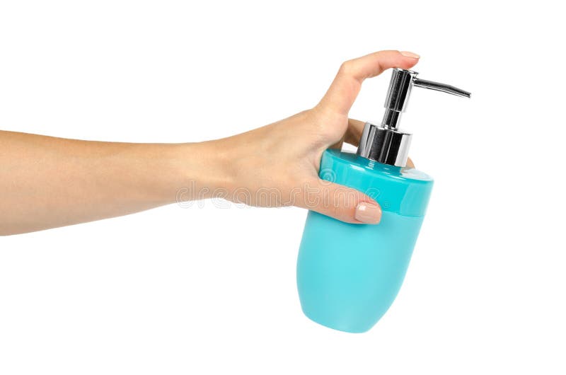 Erogatore blu del sapone del prodotto disinfettante della mano con il braccio isolato su fondo bianco