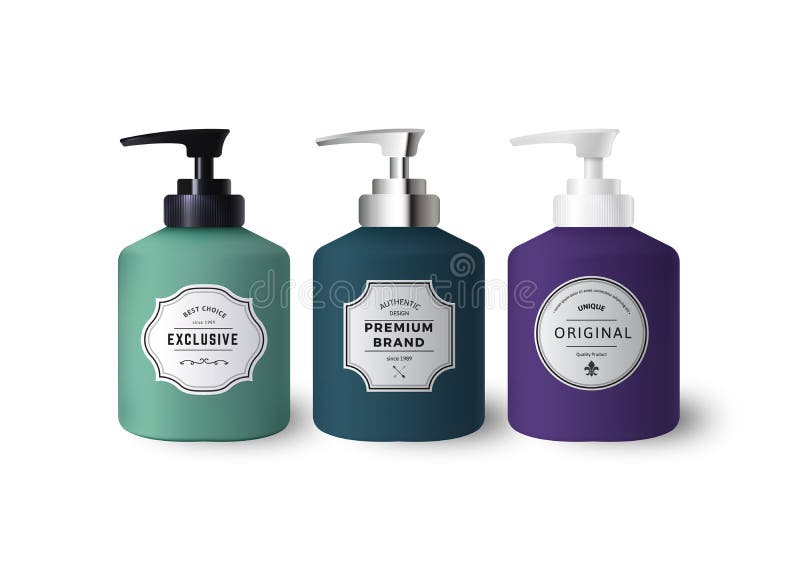 Distributori di sapone liquido realistici e colorati illustrazione di stock