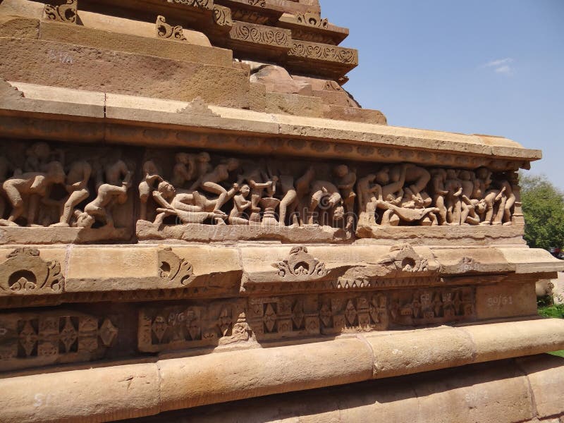 Erotic Sculptures On The Wall Of A Temple In The Khajuraho Complex Madhya Pradesh India 