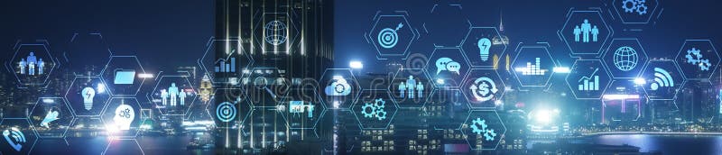 ERP Enterprise Resource Planning system on virtual screen with connections between business intelligence. stock illustration