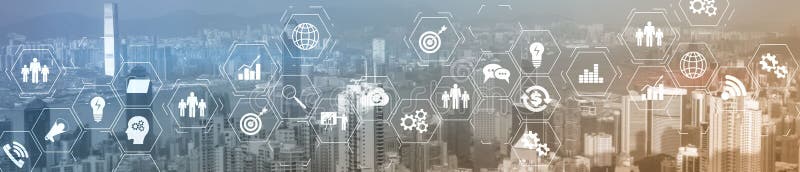 ERP Enterprise Resource Planning system on virtual screen with connections between business intelligence. stock image