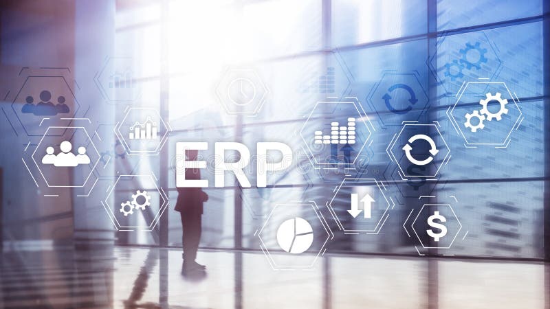 ERP system, Enterprise resource planning on blurred background. Business automation and innovation concept. royalty free stock image