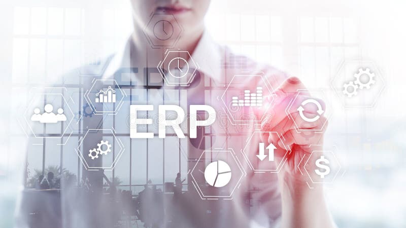 ERP system, Enterprise resource planning on blurred background. Business automation and innovation concept.