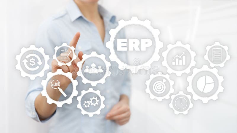 ERP-System Enterprise-Ressourcenplanung auf unscharfem Hintergrund. Automatisierungs- und Innovationskonzept vektor abbildung