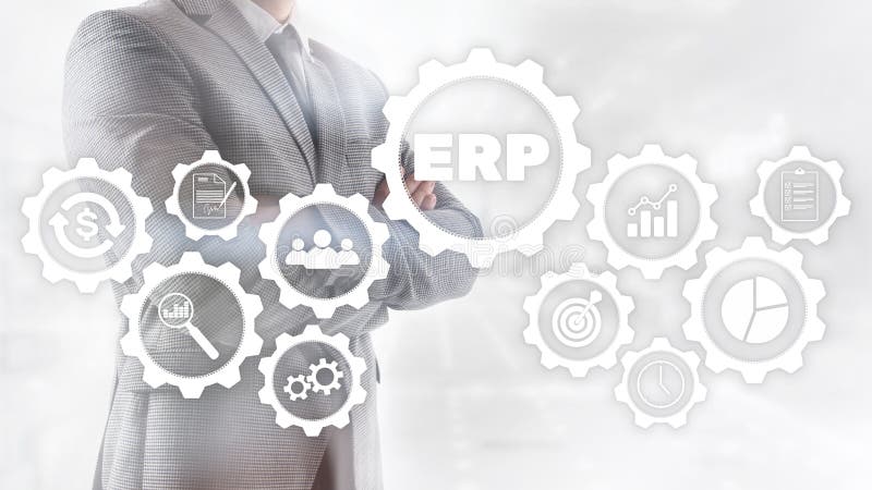 ERP-System Enterprise-Ressourcenplanung auf unscharfem Hintergrund. Automatisierungs- und Innovationskonzept stockfotos