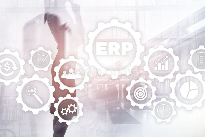 ERP-System, Unternehmensplanung für Ressourcen mit verschwommenem Hintergrund Automatisierungs- und Innovationskonzept für Untern stockfoto