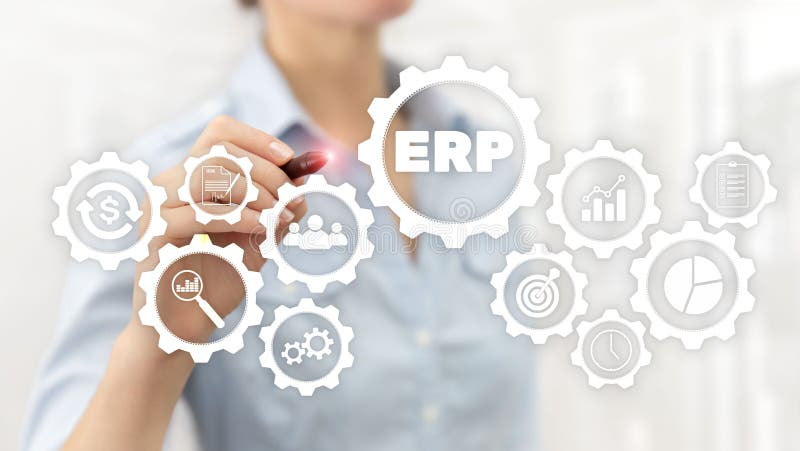 ERP-System, Unternehmensplanung für Ressourcen mit verschwommenem Hintergrund Automatisierungs- und Innovationskonzept für Untern stock abbildung
