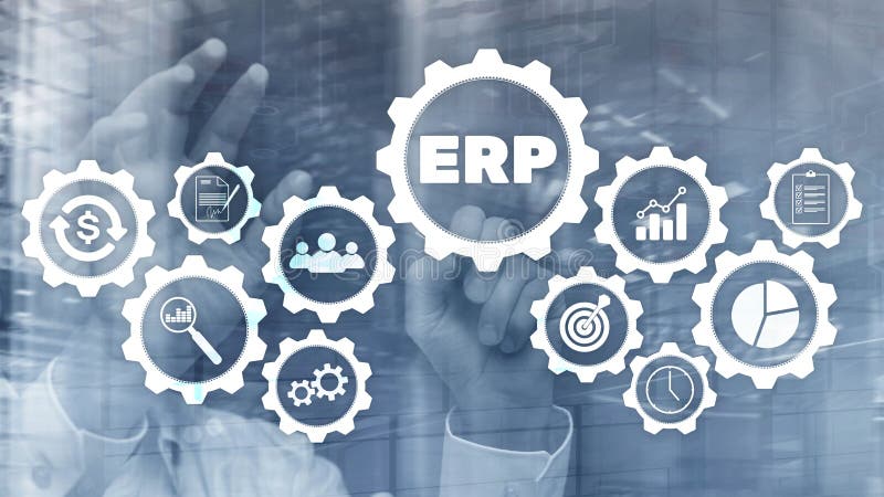 ERP-System, Unternehmensplanung für Ressourcen mit verschwommenem Hintergrund Automatisierungs- und Innovationskonzept für Untern stockbilder