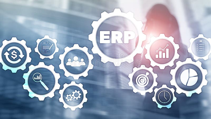 ERP-System, Unternehmensplanung für Ressourcen mit verschwommenem Hintergrund Automatisierungs- und Innovationskonzept für Untern lizenzfreie stockfotos