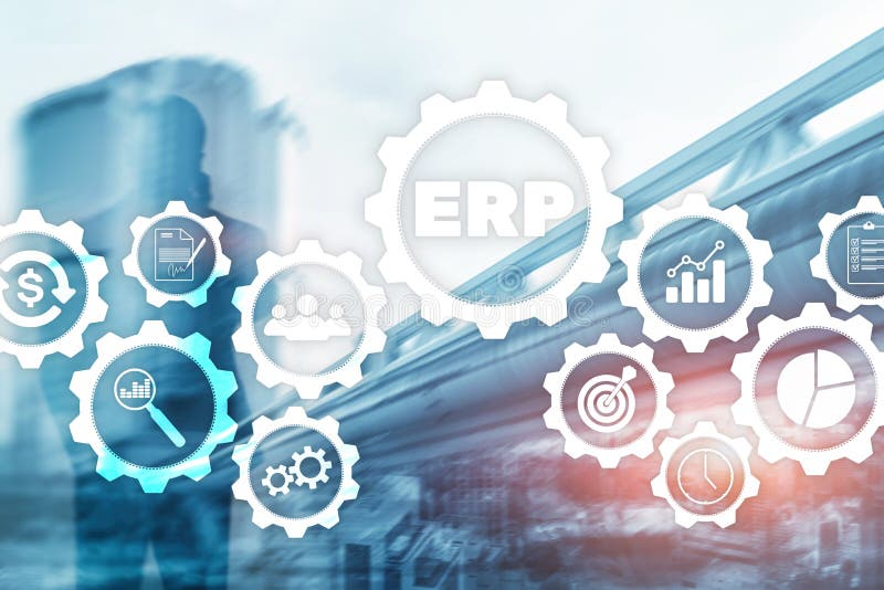 ERP-System, Unternehmensplanung für Ressourcen mit verschwommenem Hintergrund Automatisierungs- und Innovationskonzept für Untern lizenzfreie abbildung