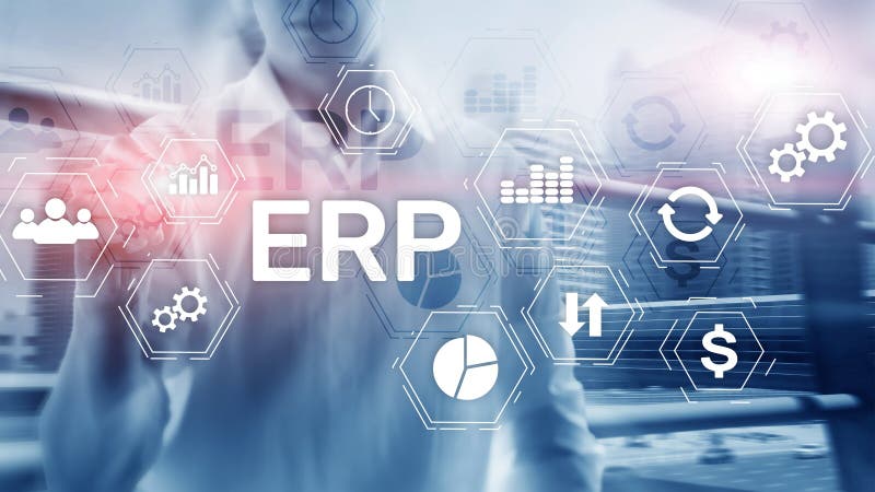 ERP-System, Unternehmensplanung für Ressourcen mit verschwommenem Hintergrund Automatisierungs- und Innovationskonzept für Untern stockfotografie