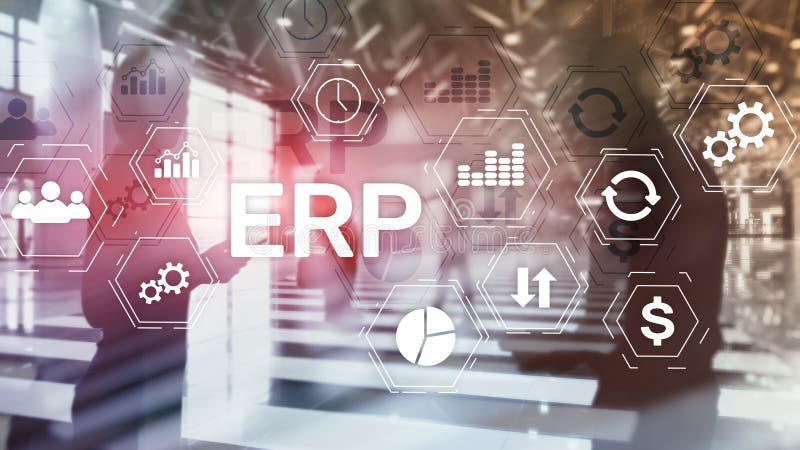 ERP-System, Unternehmensplanung für Ressourcen mit verschwommenem Hintergrund Automatisierungs- und Innovationskonzept für Untern lizenzfreie stockbilder