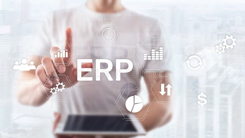 ERP-System, Unternehmensplanung für Ressourcen mit verschwommenem Hintergrund Automatisierungs- und Innovationskonzept für Untern stockbild