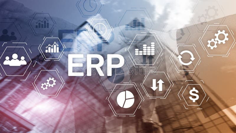 ERP-System, Unternehmensplanung für Ressourcen mit verschwommenem Hintergrund Automatisierungs- und Innovationskonzept für Untern lizenzfreie stockbilder