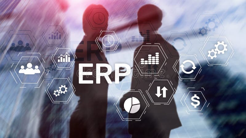 ERP-System, Unternehmensplanung fÃ¼r Ressourcen mit verschwommenem Hintergrund. Unternehmensautomatisierung und Innovationskonzept lizenzfreies stockbild