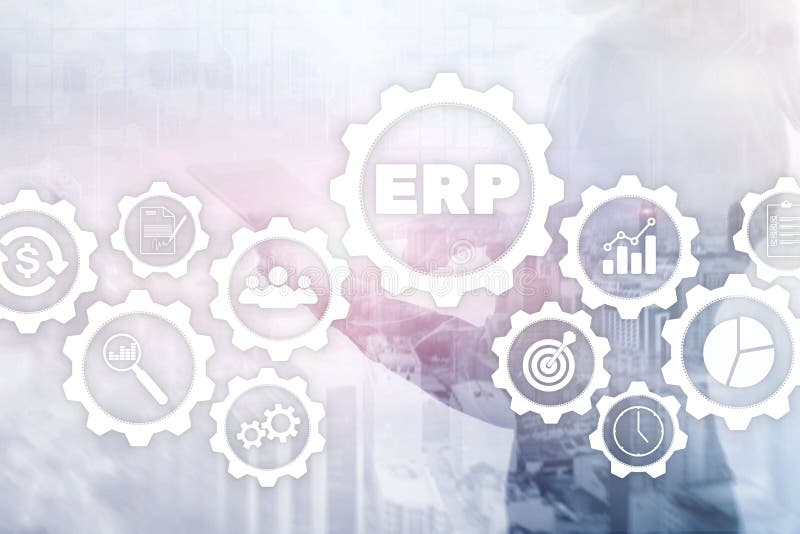 Erp-System, Unternehmensressourcenplanung auf unscharfem Hintergrund Gesch? ftsautomatisierung und -innovation stock abbildung