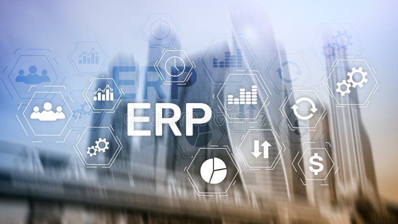 Erp-System, Unternehmensressourcenplanung auf unscharfem Hintergrund Gesch? ftsautomatisierung und Innovationskonzept stock abbildung