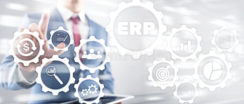 Erp-System, Unternehmensressourcenplanung auf unscharfem Hintergrund Gesch? ftsautomatisierung und Innovationskonzept stock abbildung