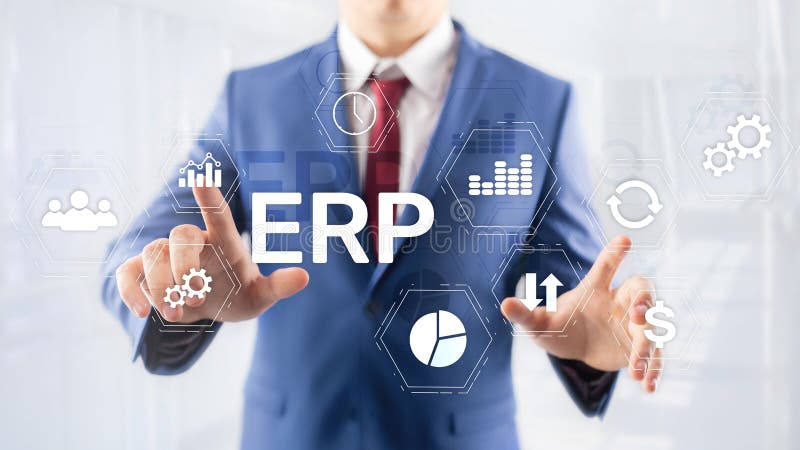 Erp-System, Unternehmensressourcenplanung auf unscharfem Hintergrund Gesch? ftsautomatisierung und Innovationskonzept vektor abbildung