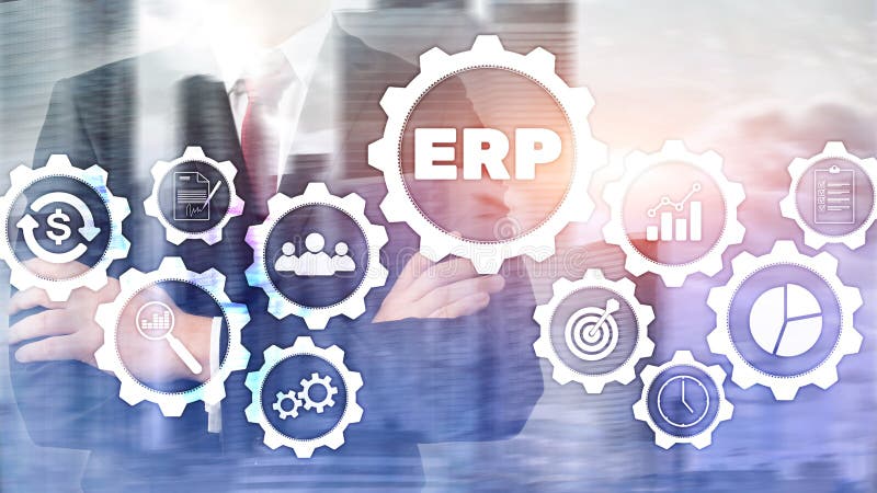 Erp-System, Unternehmensressourcenplanung auf unscharfem Hintergrund Gesch? ftsautomatisierung und Innovationskonzept stockbild