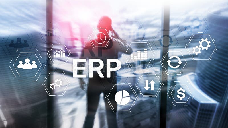 Erp-System, Unternehmensressourcenplanung auf unscharfem Hintergrund Gesch? ftsautomatisierung und Innovationskonzept vektor abbildung
