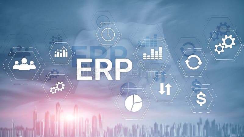 Erp-System, Unternehmensressourcenplanung auf unscharfem Hintergrund Gesch? ftsautomatisierung und Innovationskonzept stock abbildung