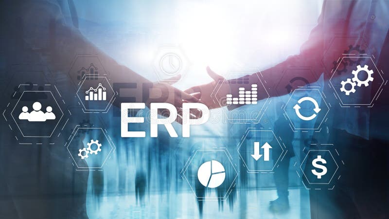 Erp-System, Unternehmensressourcenplanung auf unscharfem Hintergrund Gesch? ftsautomatisierung und Innovationskonzept stock abbildung