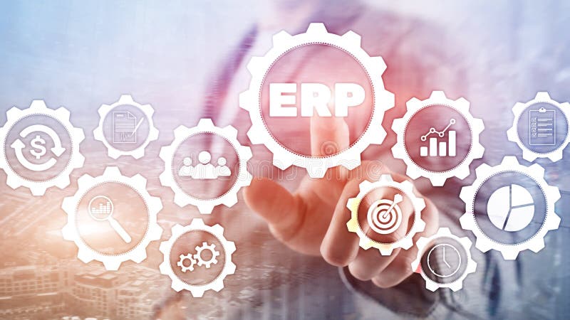 Erp-System, Unternehmensressourcenplanung auf unscharfem Hintergrund Gesch? ftsautomatisierung und Innovationskonzept lizenzfreie abbildung